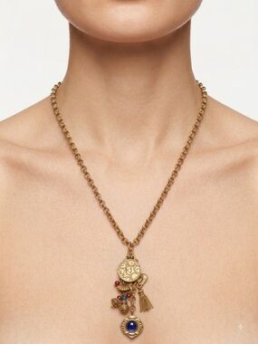 Gold-Tone Charm Pendant Necklace with Blue and Red Accents